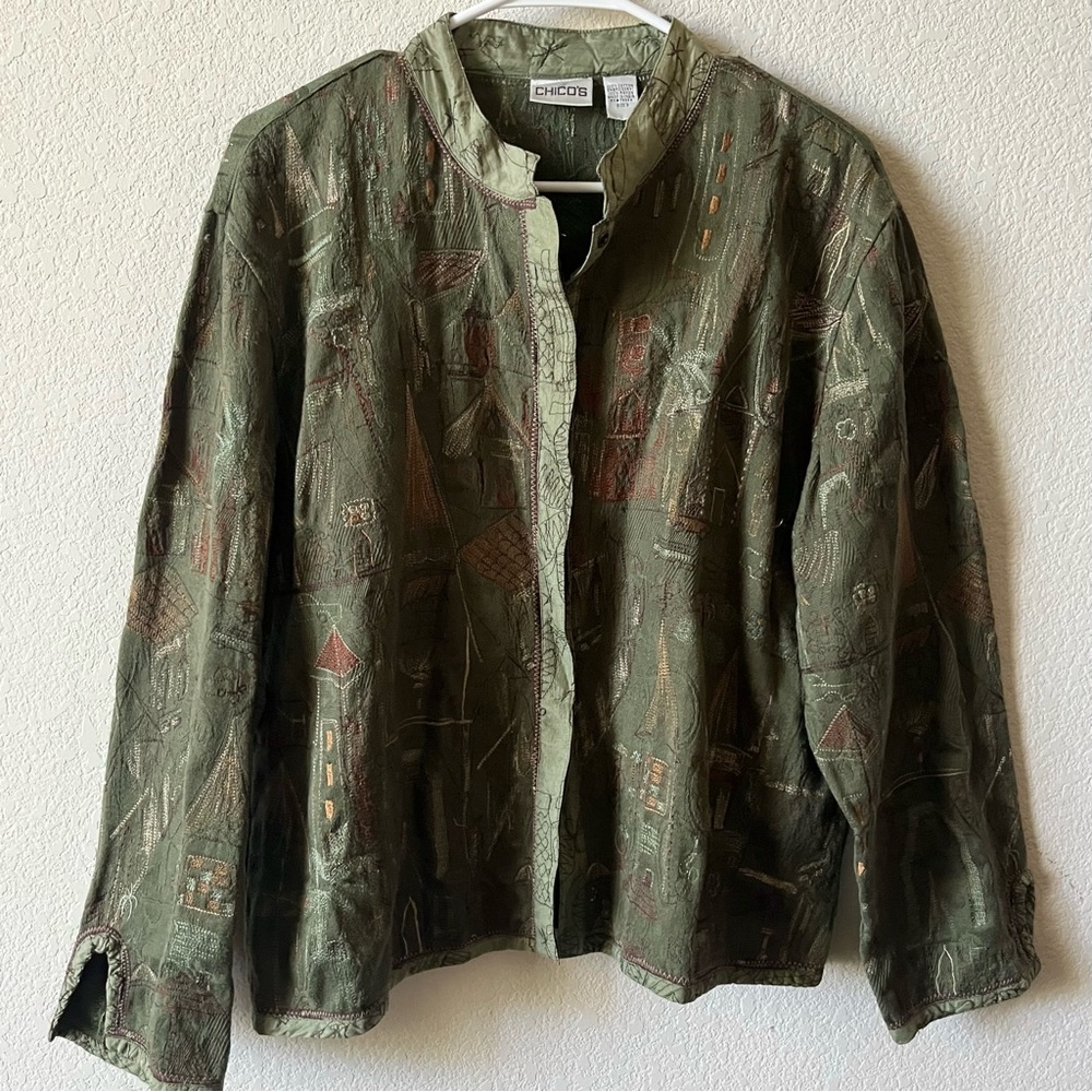 Chico's Green Embroidered Boho Artsy Nature 100% Cotton Snap Close Jacket XL